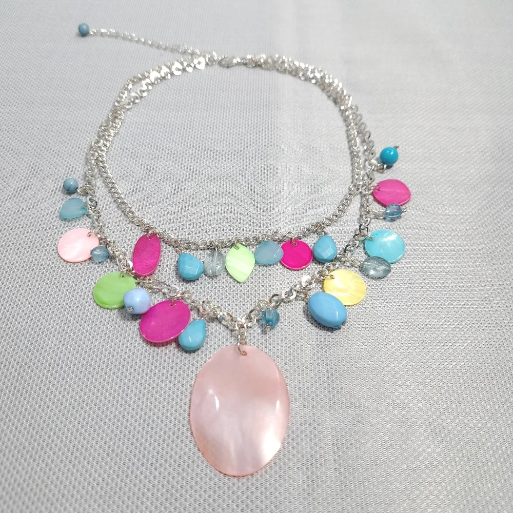 Women's Necklace Pink & Blue Acrylic Beads & Mother Pearls Silver Tone 10 Inches